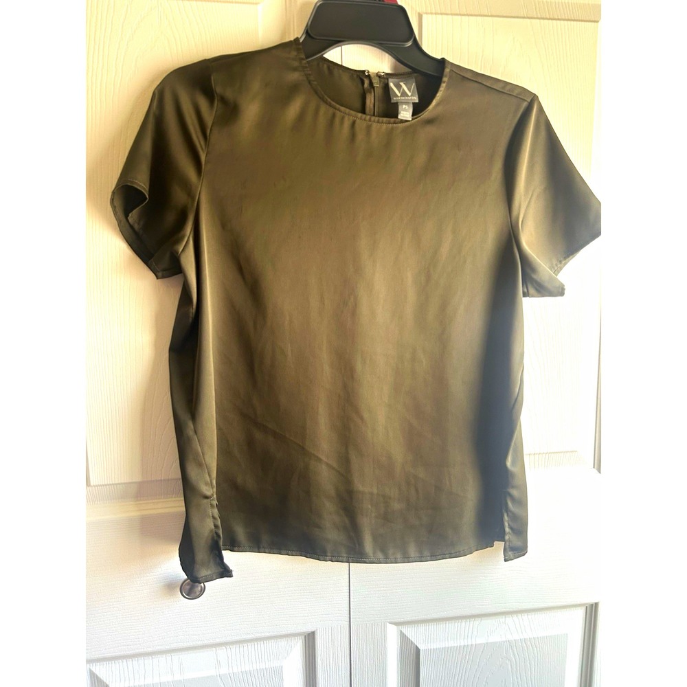 Worthington Women's Petite PS Black Solid Satin Crew Neck Blouse Zip Back